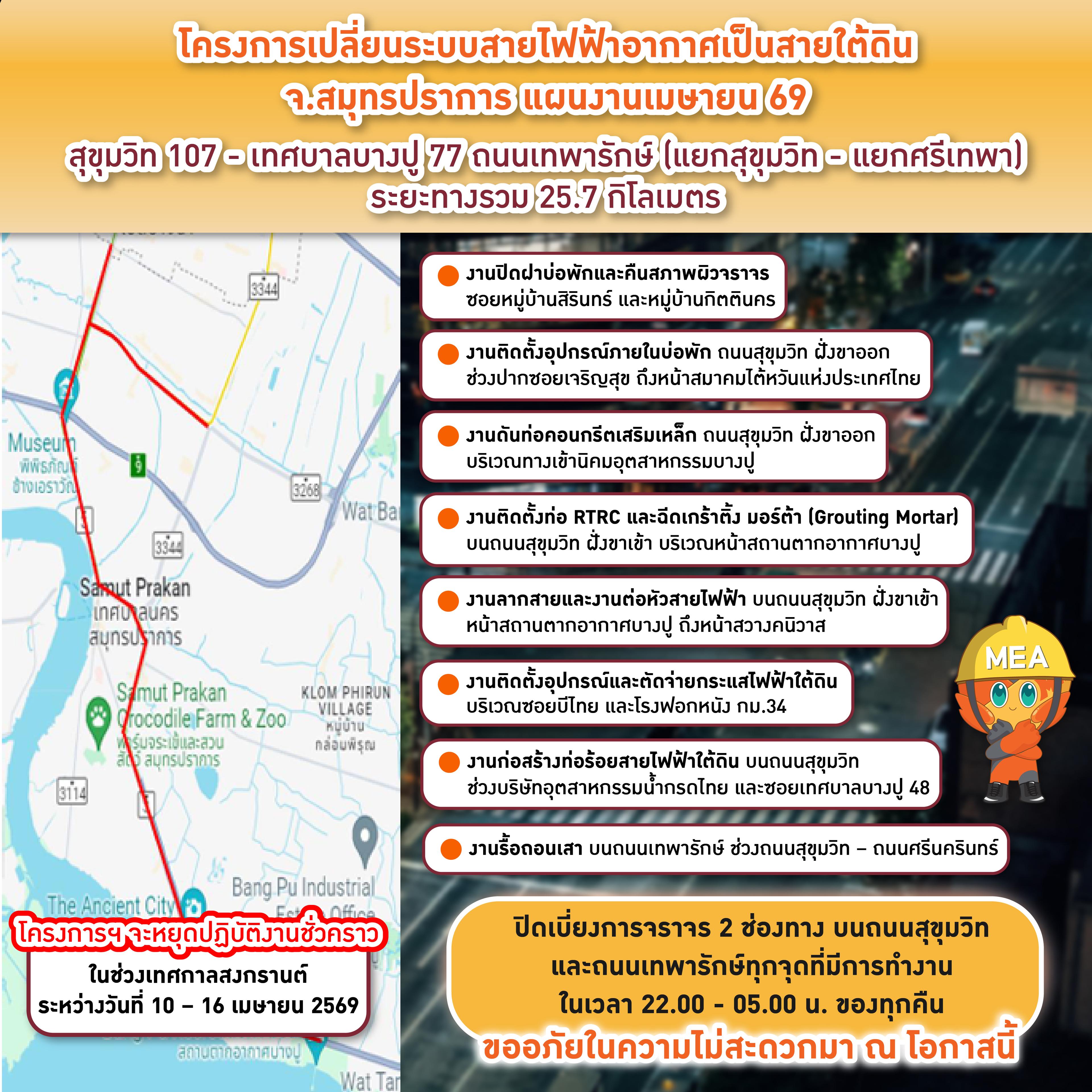 โครงการเปลี่ยนระบบสายไฟฟ้าอากาศเป็นสายใต้ดิน จ.สมุทรปราการ แผนงานเมษายน 69