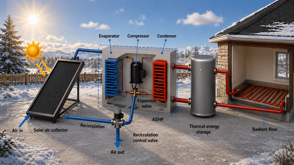 Solar-assisted air-source heat pump for radiant floor heating